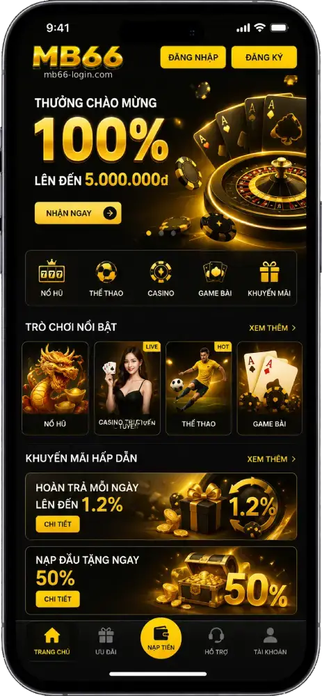 Ứng dụng MB66 trên điện thoại với giao diện giải trí trực tuyến